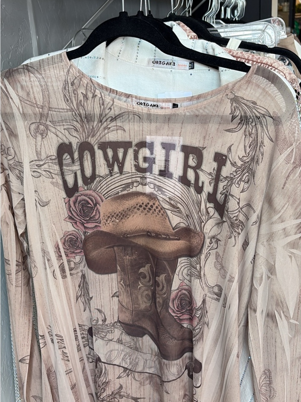 Origami Cowgirl Graphic Long Sleeve Top - Taupe & Brown